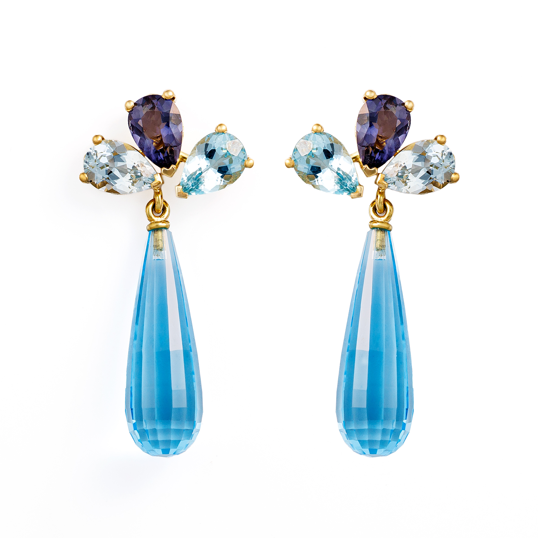 Ohrstecker Glamour; Swiss Topas, Aquamarin, Apatit, Iolith, 18 Karat Gold