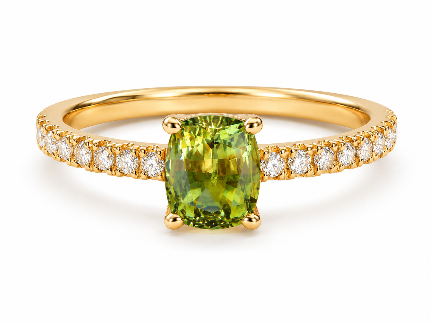 Memoire-Ring mit Natur-Saphir Cushion bicolor grün-bräunlich, Brillanten, 18 Karat Gelbgold, Verlobungsring, Engagement ring, Rarität,
