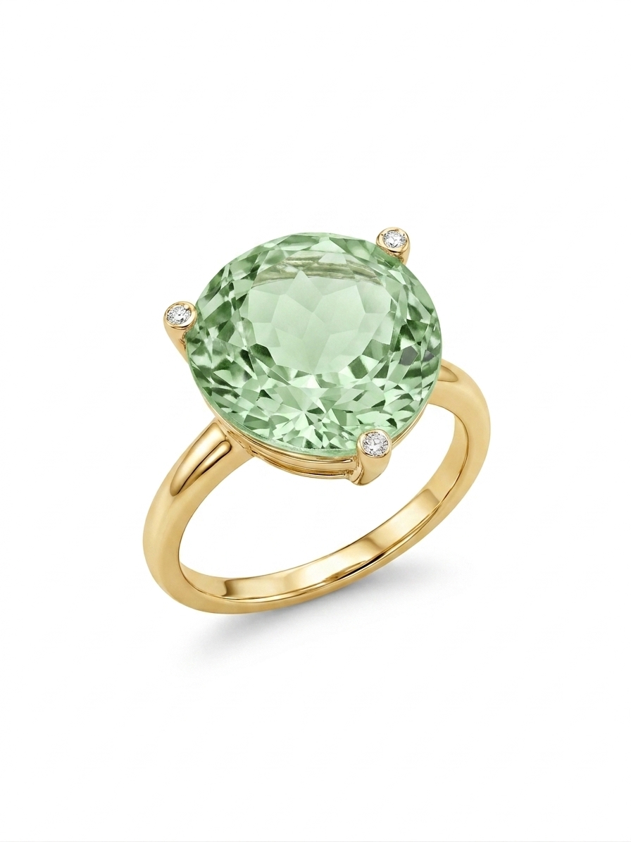 Ring Ascona, Prasiolith, Brillanten, 18 Karat Gelbgold